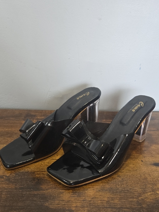 como by jendal Shoes - Cameo Black Patent Bow Clear-Block Mule Heels